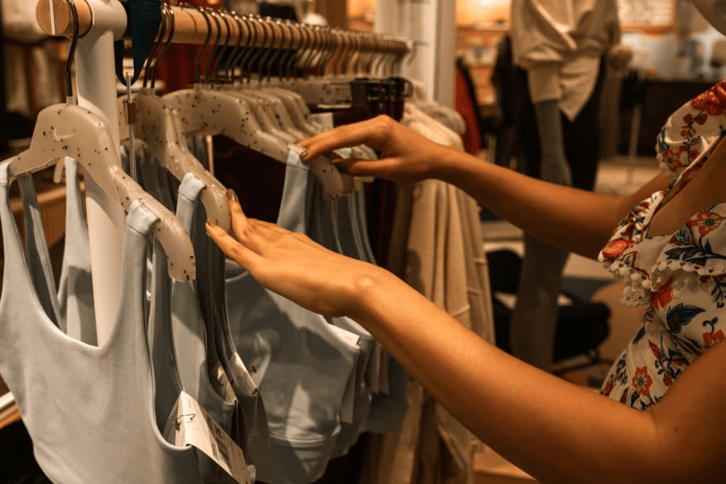 woman picking a dress in a shop like she would a domain name